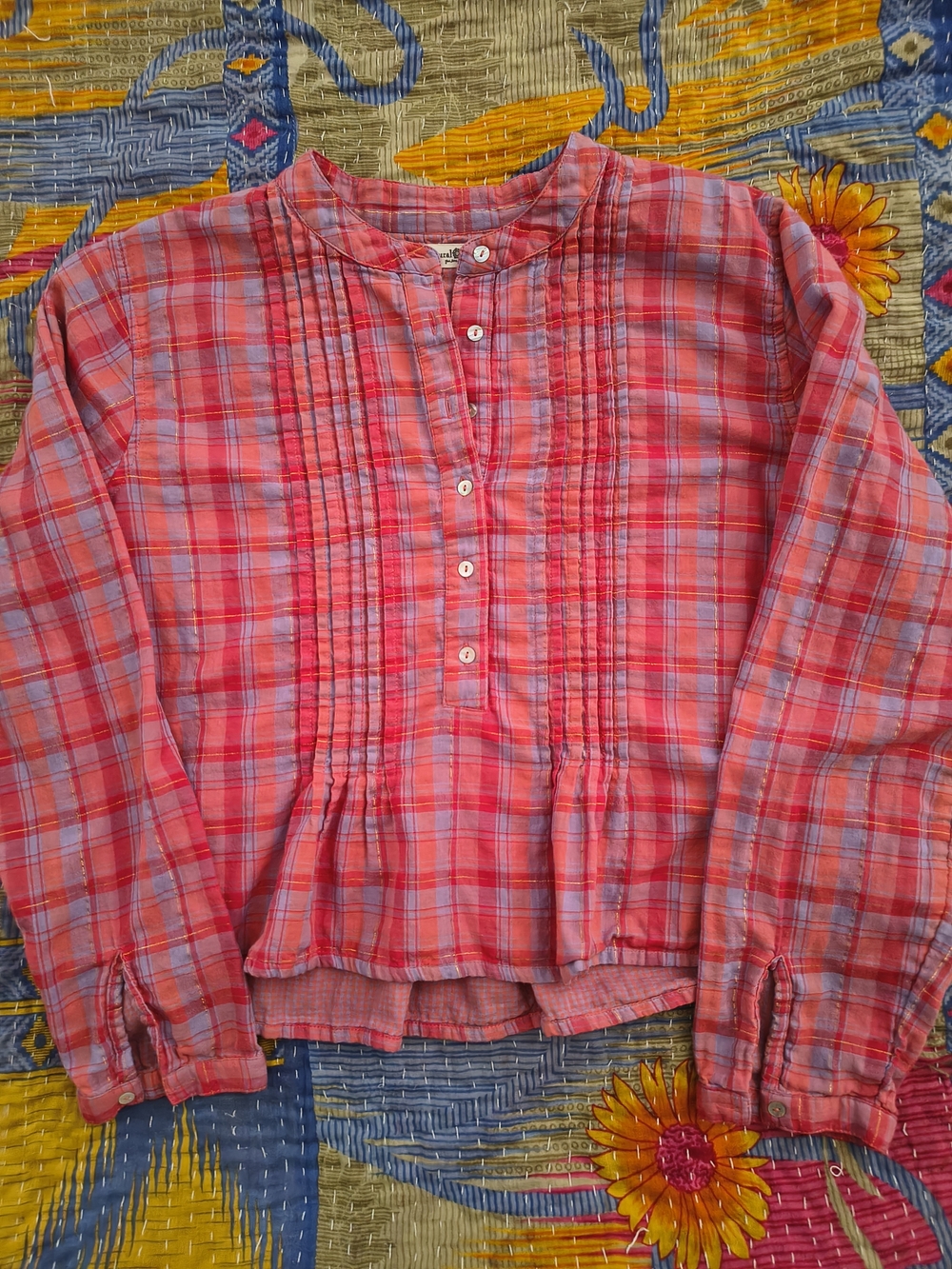 NATURAL LIFE Pink Plaid Pintuck Button-Front Blouse